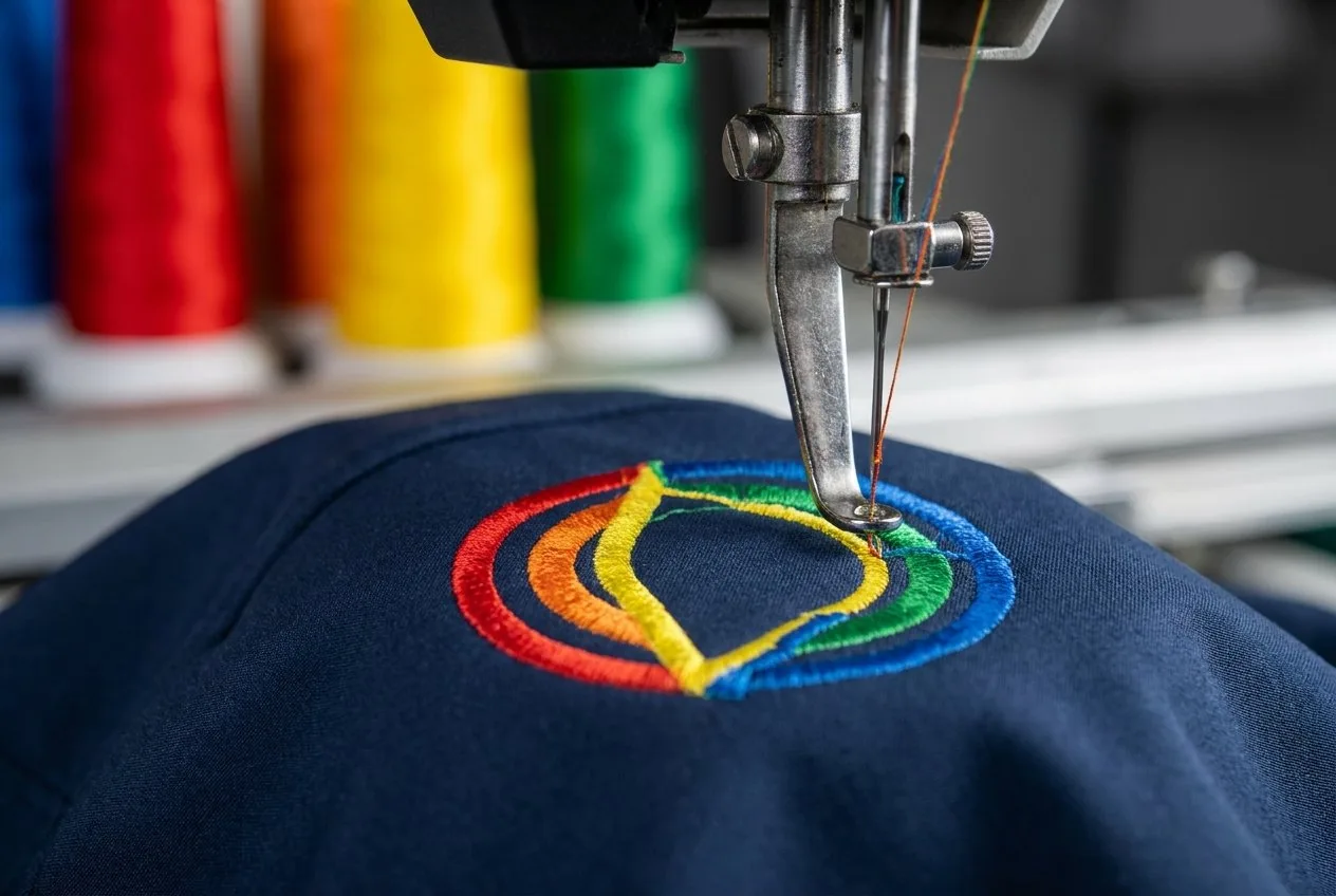 Stickmaschine bestickt navyblauen Stoff mit einem Firmenemblem